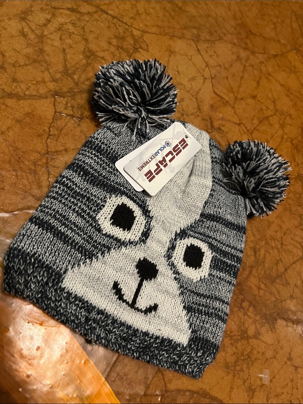 NWT Escape Kids Gray Knit Animal Pom Beanie Hat
